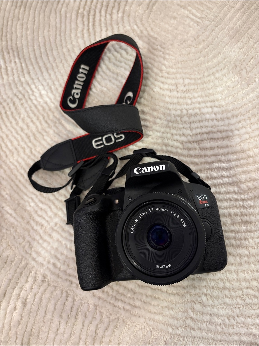 Canon EOS Rebel T7i DSLR Camera in Black with Red-Trim Strap